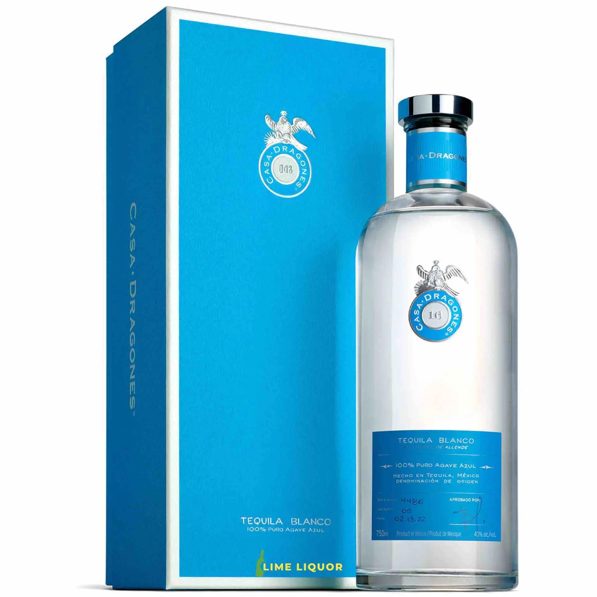 Buy Casa Dragones Blanco 750mL tequila bottle with blue gift box, premium spirits.