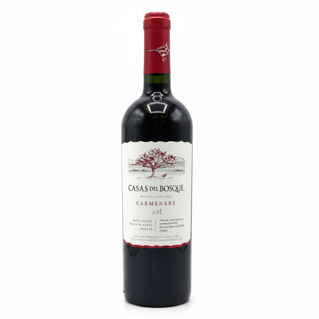 Bottle of Casas Del Bosque Res Carmenere red wine in a 750mL glass bottle with a label featuring the Casas brand and wine details.