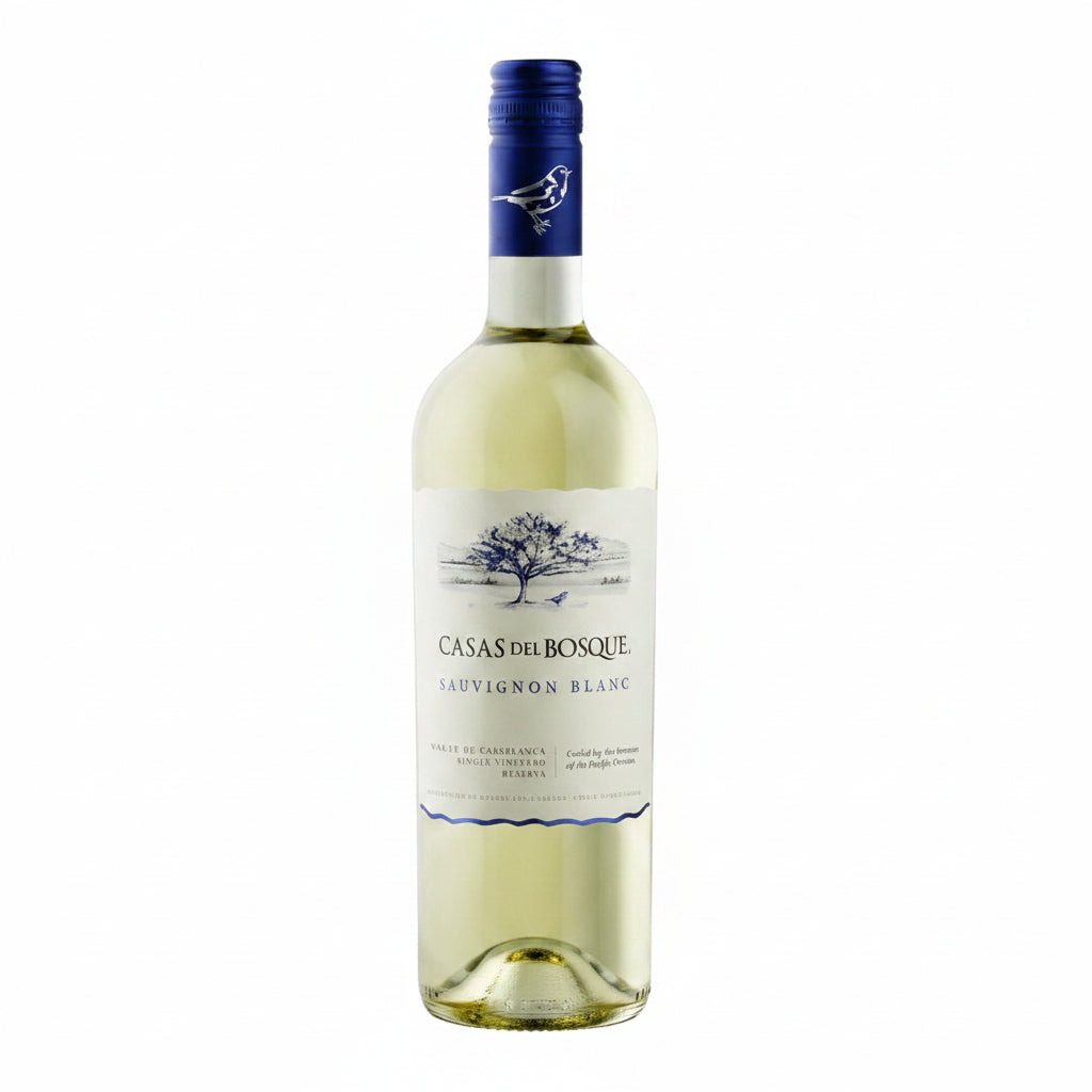 Bottle of Casas Del Bosque Reserva Sauvignon Blanc wine with a white label and a cork closure on a wooden surface.