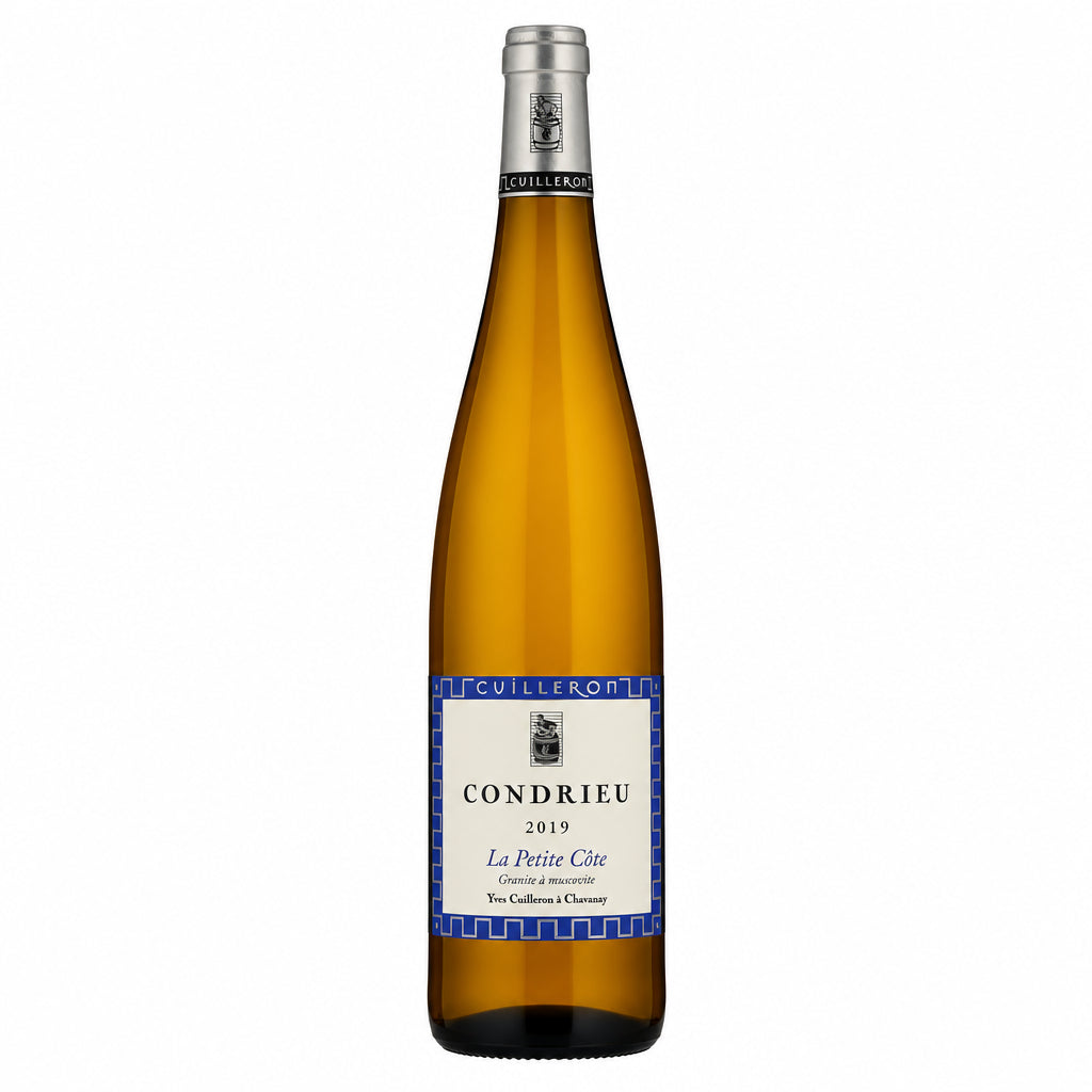 Yves Cuilleron Condrieu La Petite Cote 2019 white wine bottle on a wooden surface with a blurred vineyard background