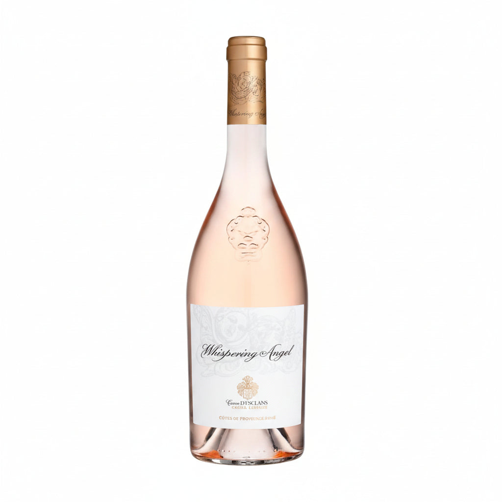 A 375mL bottle of Caves d'Esclans Whispering Angel Provence Rosé wine with a clear label and elegant bottle design.