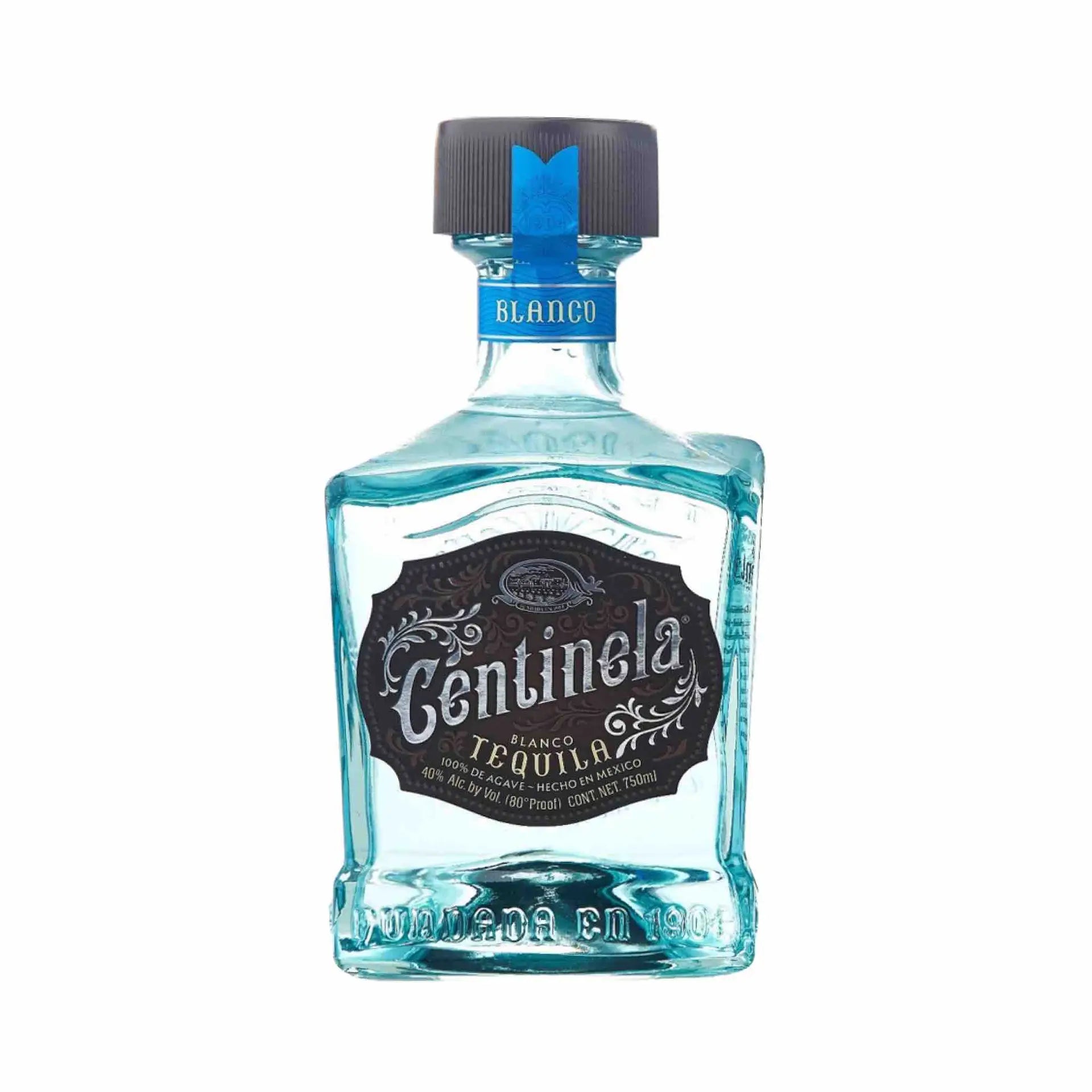 Buy Centinela Blanco Tequila 750mL clear glass bottle with blue cap, premium spirits.