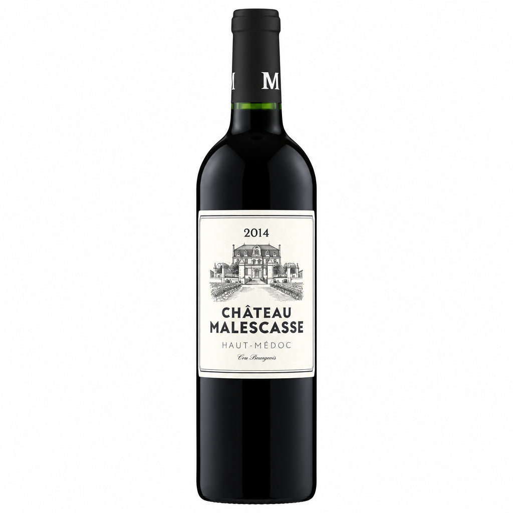 Bottle of Chateau Malescasse Haut-Medoc 2014 red wine with label visible in a clear glass bottle.