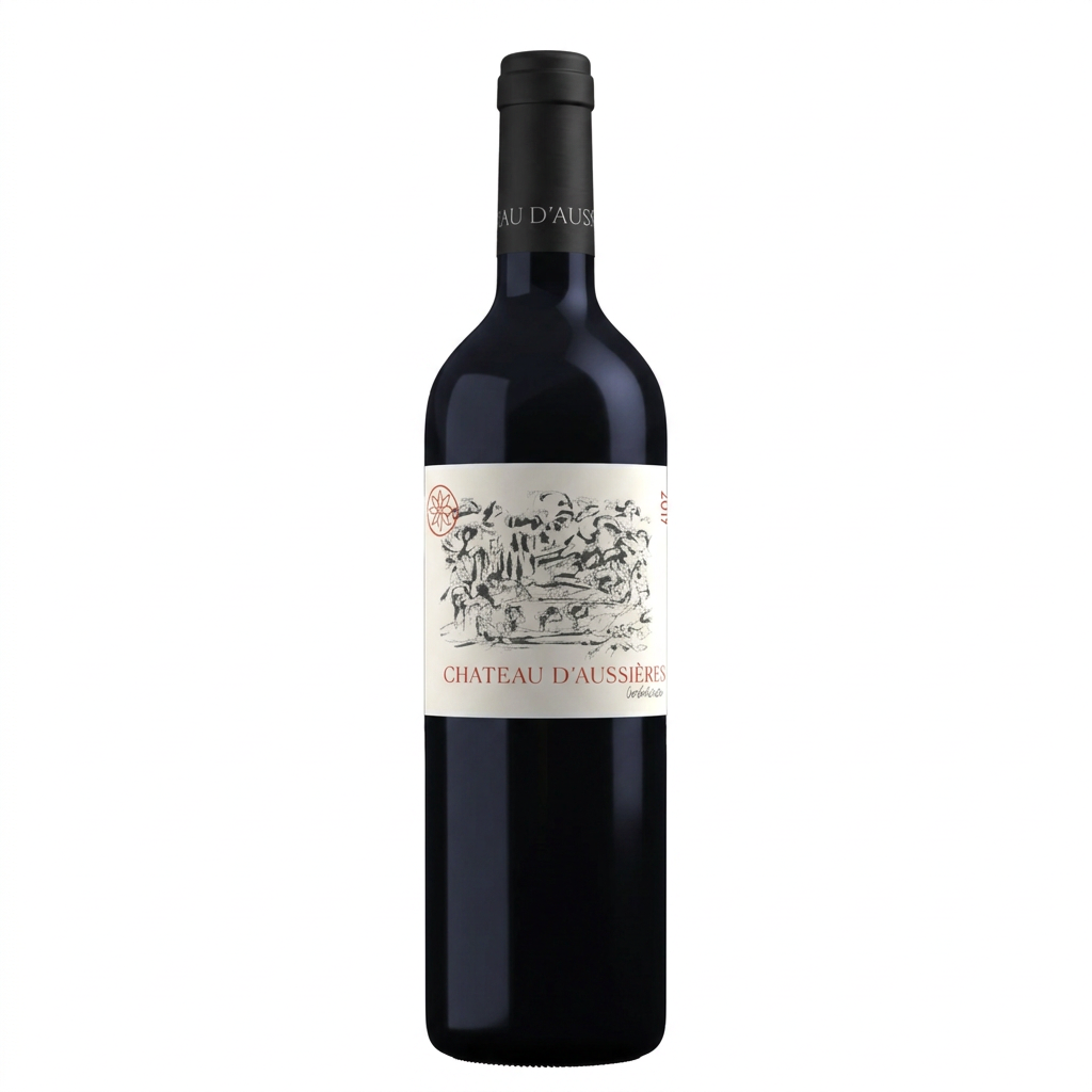 Chateau D'Aussieres 2019 red wine bottle from Chateau with label featuring classic design and vintage details.