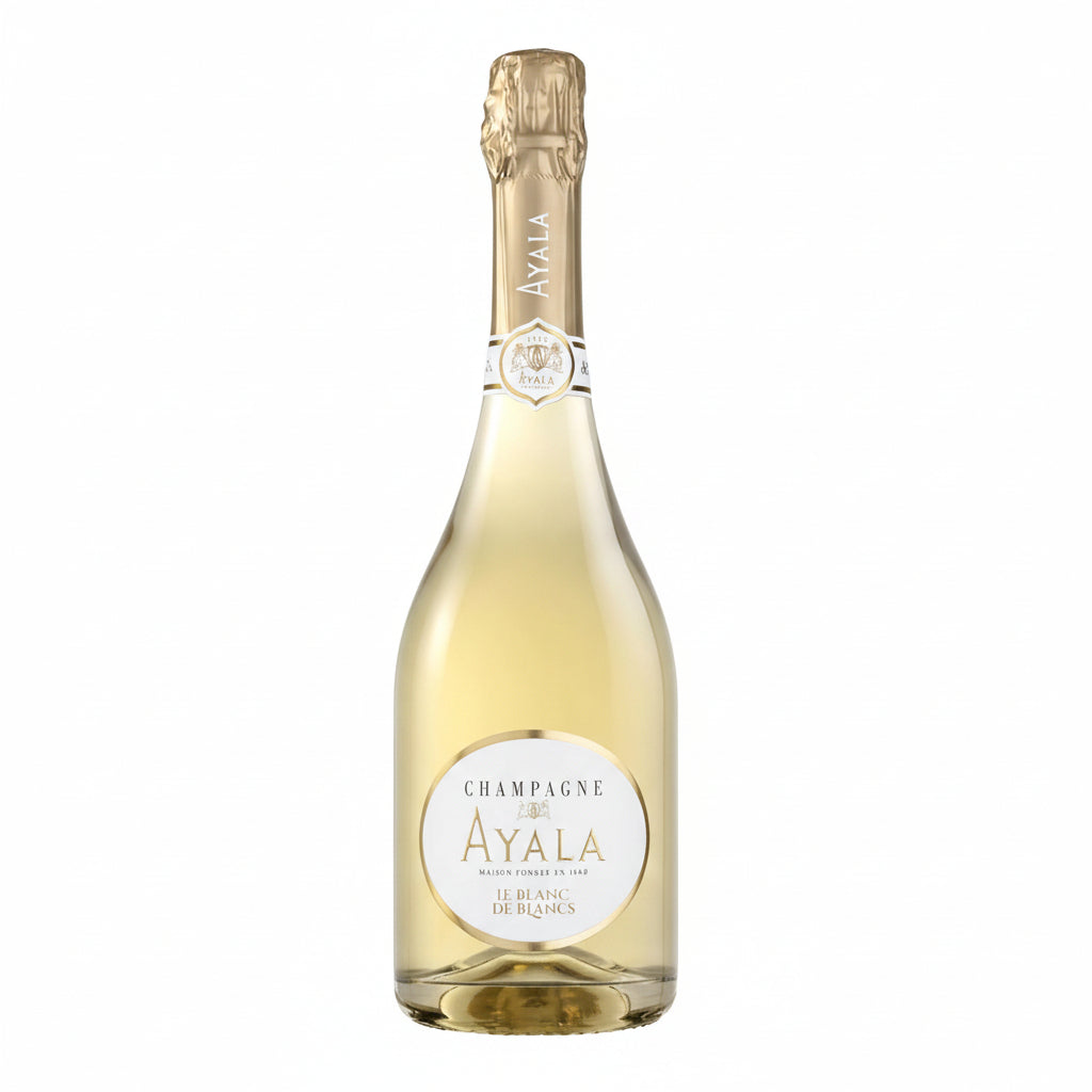 Bottle of Champagne Ayala Blanc De Blancs with elegant label and foil cap, showcasing a premium sparkling wine.