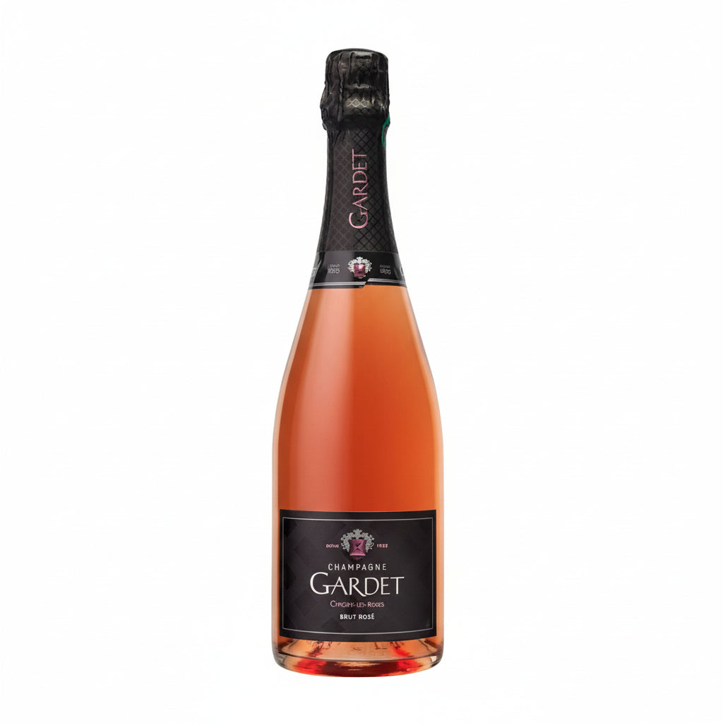 Bottle of Champagne Gardet Brut Rose with pink hue, elegant label, and foil-wrapped neck on a neutral background.
