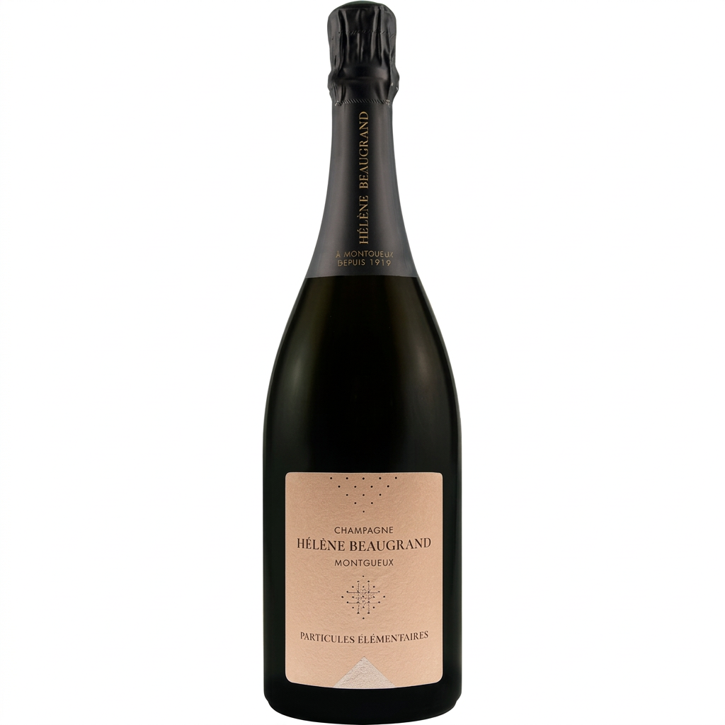 A bottle of Champagne Helene Beaugrand Particules Elementaires Brut with a clear label and elegant design on the bottle.