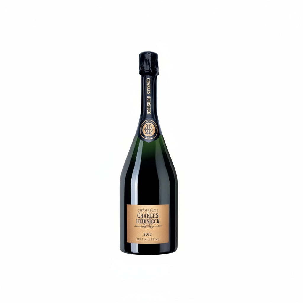 Bottle of Charles Heidsieck Brut 2012 champagne with a classic label and elegant packaging on a neutral background.