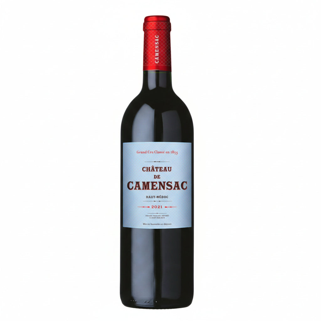 Chartreuse De Camensac Haut-Médoc red wine bottle with label and cork, showcasing a deep garnet color and elegant design.