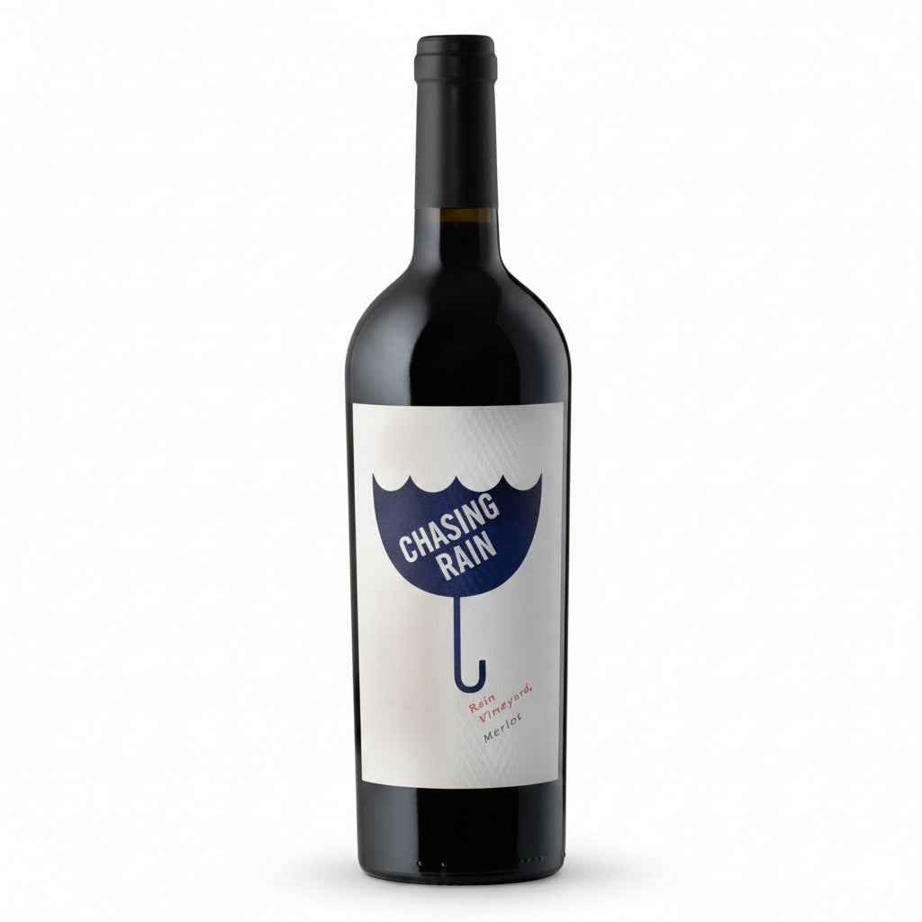 Chasing Rain Red Mountain Merlot wine bottle, 750mL, with deep red color and elegant label featuring mountains.