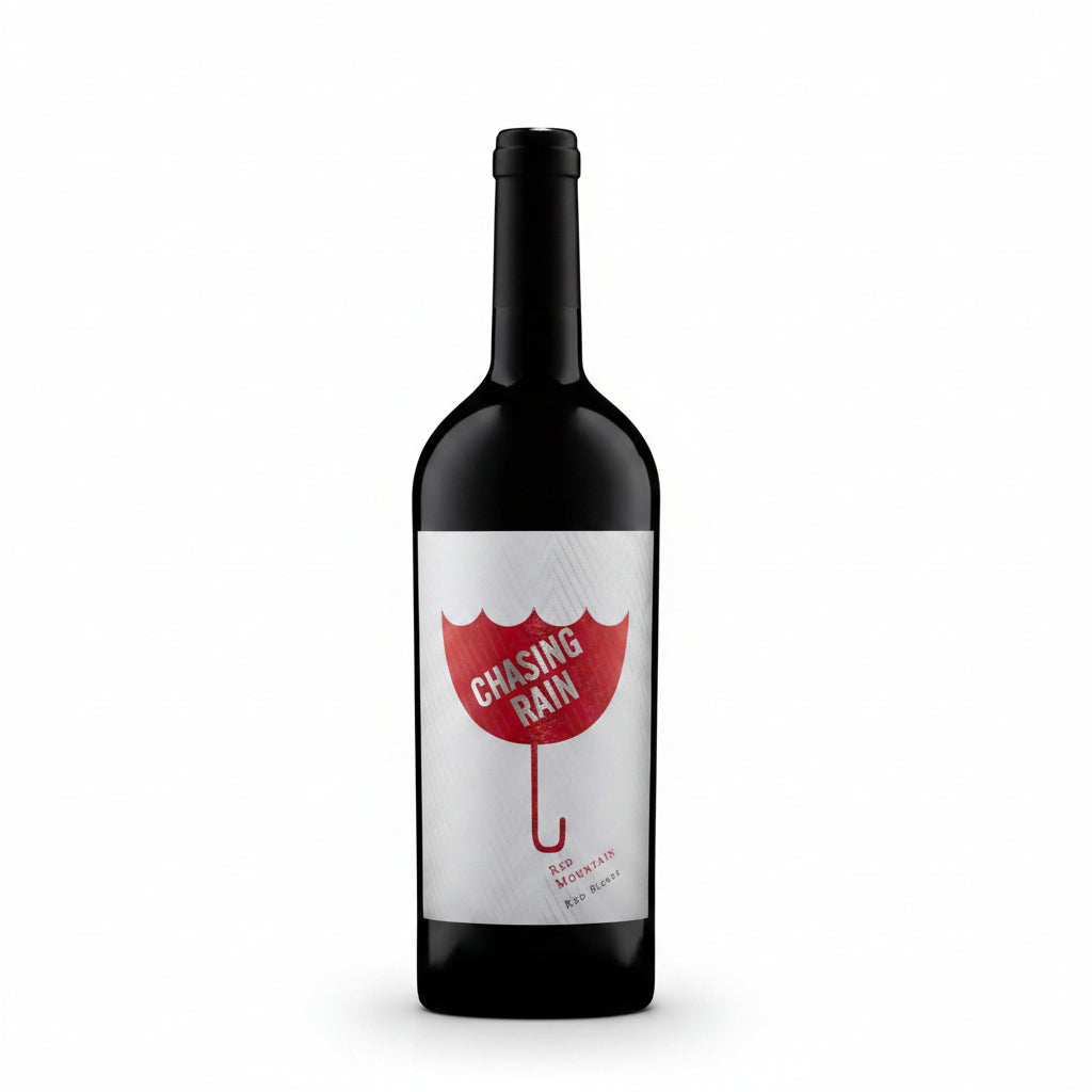 Bottle of Chasing Rain Red Mountain Red Blend wine, 750mL, featuring a red wine label with mountain imagery.