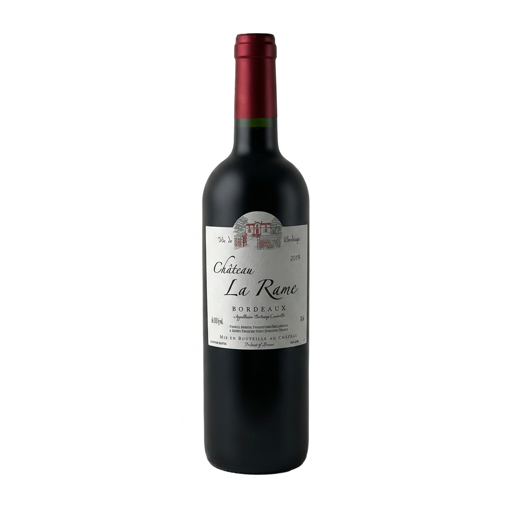Bottle of Chateau La Rame Bordeaux Rouge 2019 red wine with a dark glass bottle and label featuring the Chateau logo.