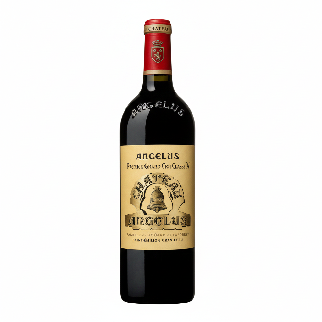 Bottle of Chateau Angelus 2016 red wine, with label displaying the Chateau brand and vintage year, on a neutral background.