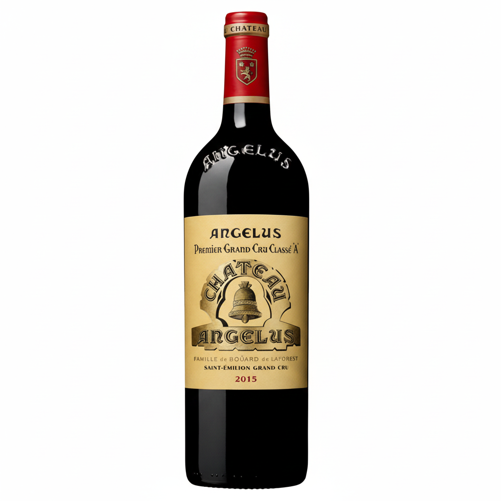 Bottle of Chateau Angelus 2017 red wine with a label featuring the Chateau logo and vintage year, displayed on a wooden surface.