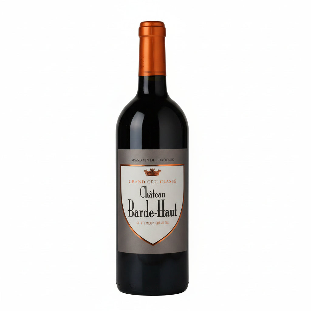 Elegant bottle of Chateau Barde Haut red wine from Chateau, showcasing its label and classic dark glass bottle.