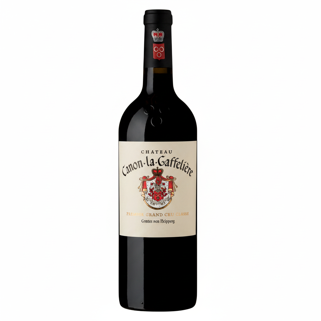 Bottle of Chateau Canon La Gaffeliere 2016 red wine with wine label visible, on a wooden surface.