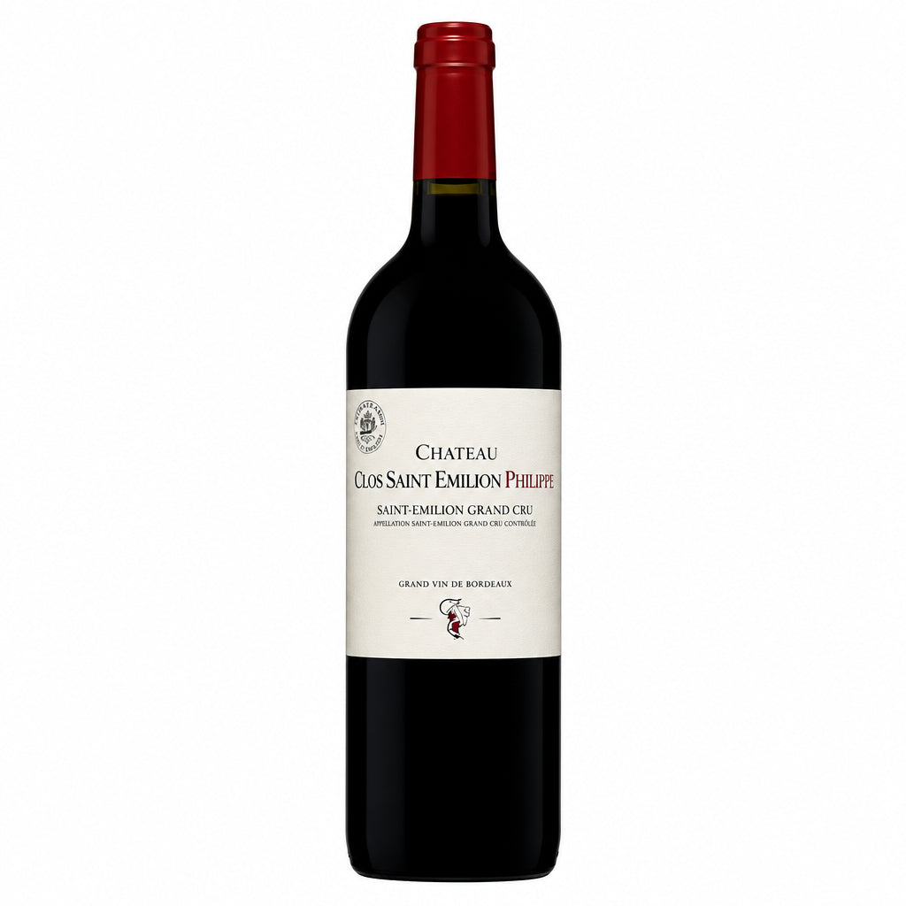 Bottle of Chateau Clos Philippe Saint Emilion Grand Cru 2019 red wine with a detailed label and dark glass bottle.