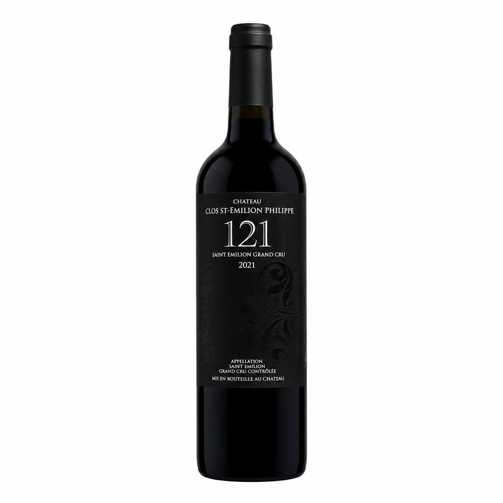 Bottle of Chateau Clos Saint Emilion Philippe 121 Grand Cru 2021 red wine, featuring a dark glass bottle with a detailed label.