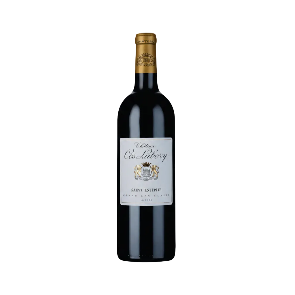 Bottle of Chateau Cos Labory 2016 red wine with a dark label and gold accents, displayed upright on a neutral surface.