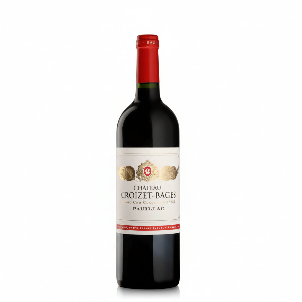 Bottle of Chateau Croizet-Bages 2016 red wine with a classic label and deep glass bottle.