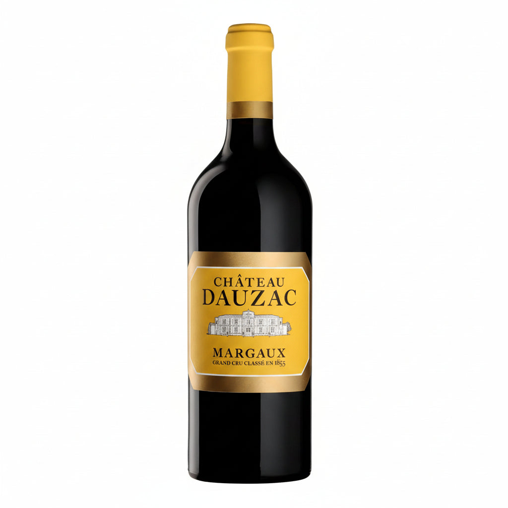 Bottle of Chateau Dauzac 2016 red wine, featuring a dark glass bottle with a label and cork, on a neutral background.