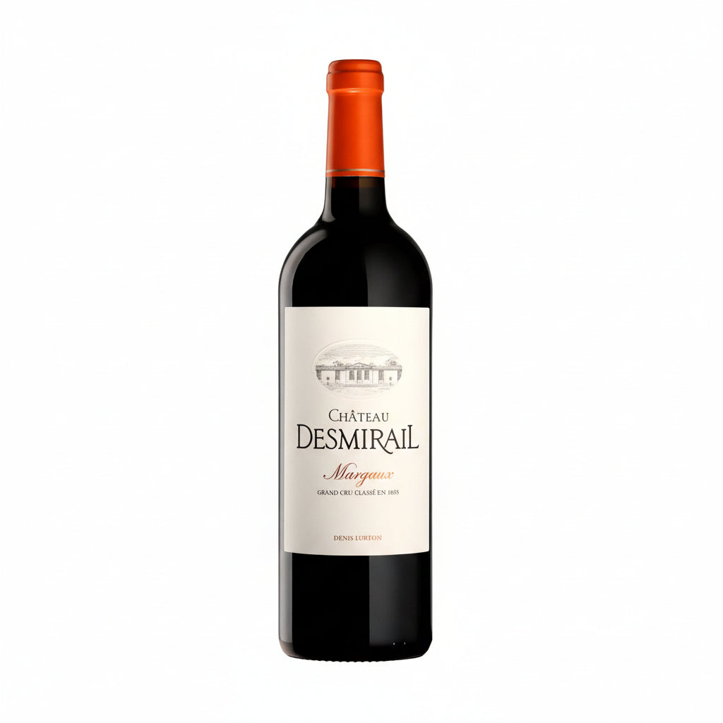 Bottle of Chateau Desmirail 2016 red wine with a classic label, displayed on a wooden table.