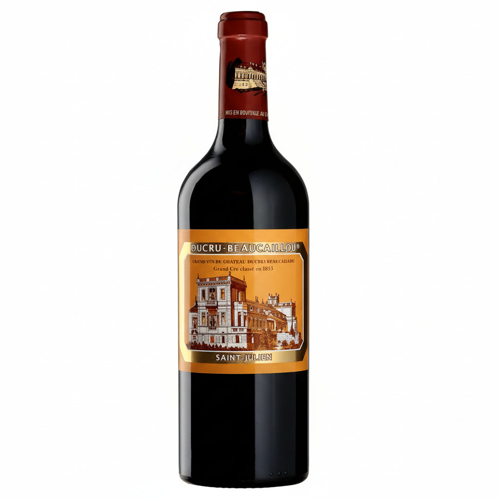 Bottle of Chateau Ducru Beaucaillou 2016 red wine with elegant label, set against a neutral background.