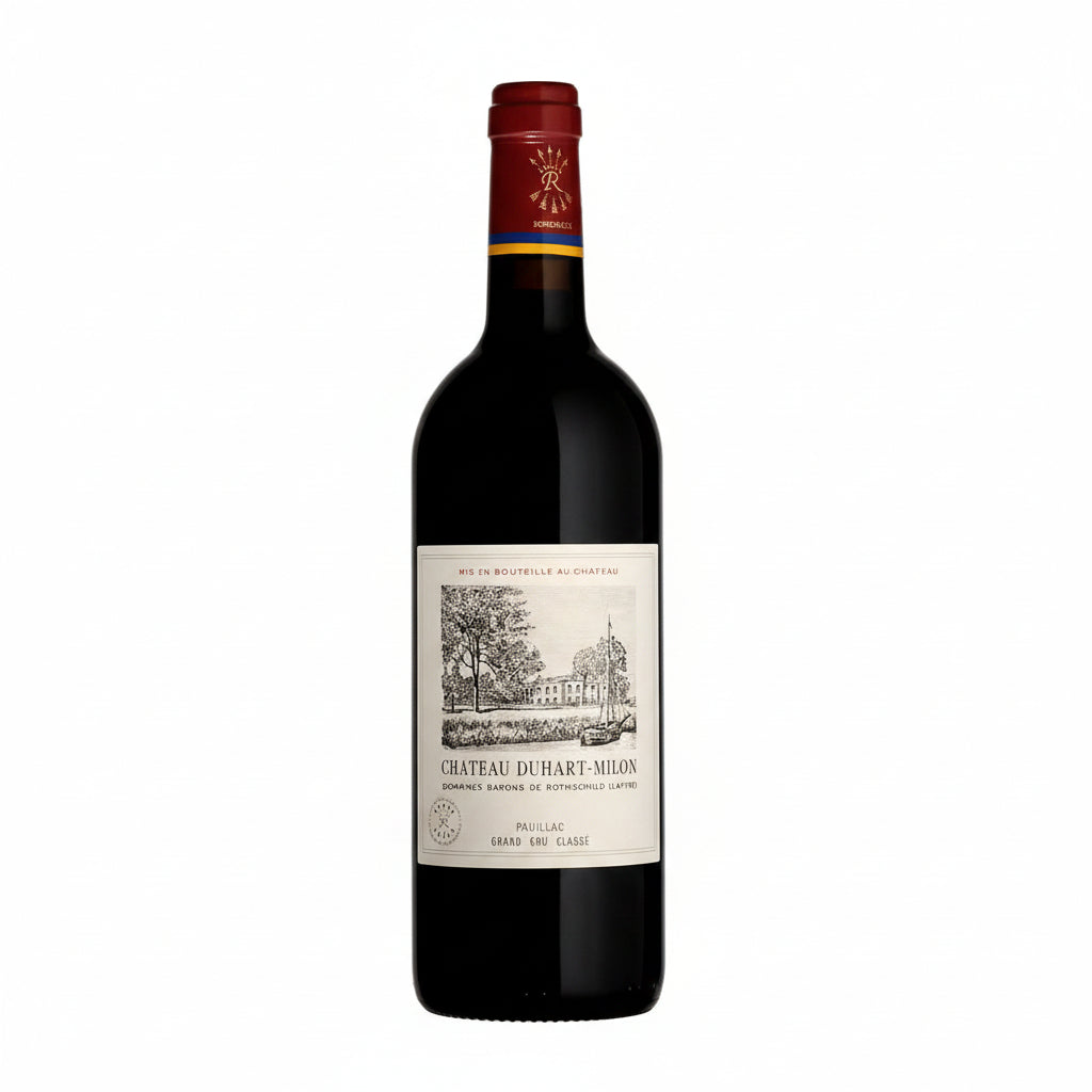 Bottle of Chateau Duhart Milon 2016 red wine with elegant label, displayed upright against a neutral background.