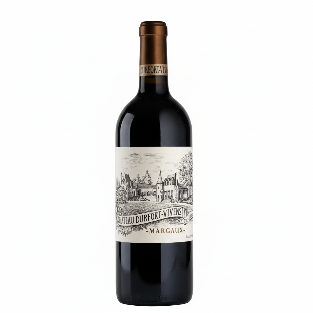 Bottle of Chateau Durfort Vivens 2016 red wine with label visible, showcasing a Bordeaux wine from Chateau vineyard.