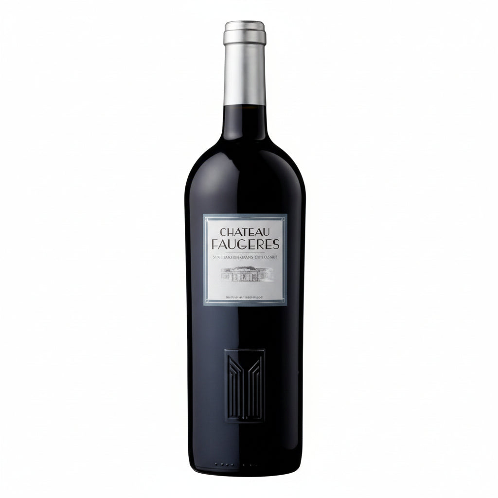 Bottle of Chateau Faugeres 2016 red wine with a dark label, showcased on a wooden surface.