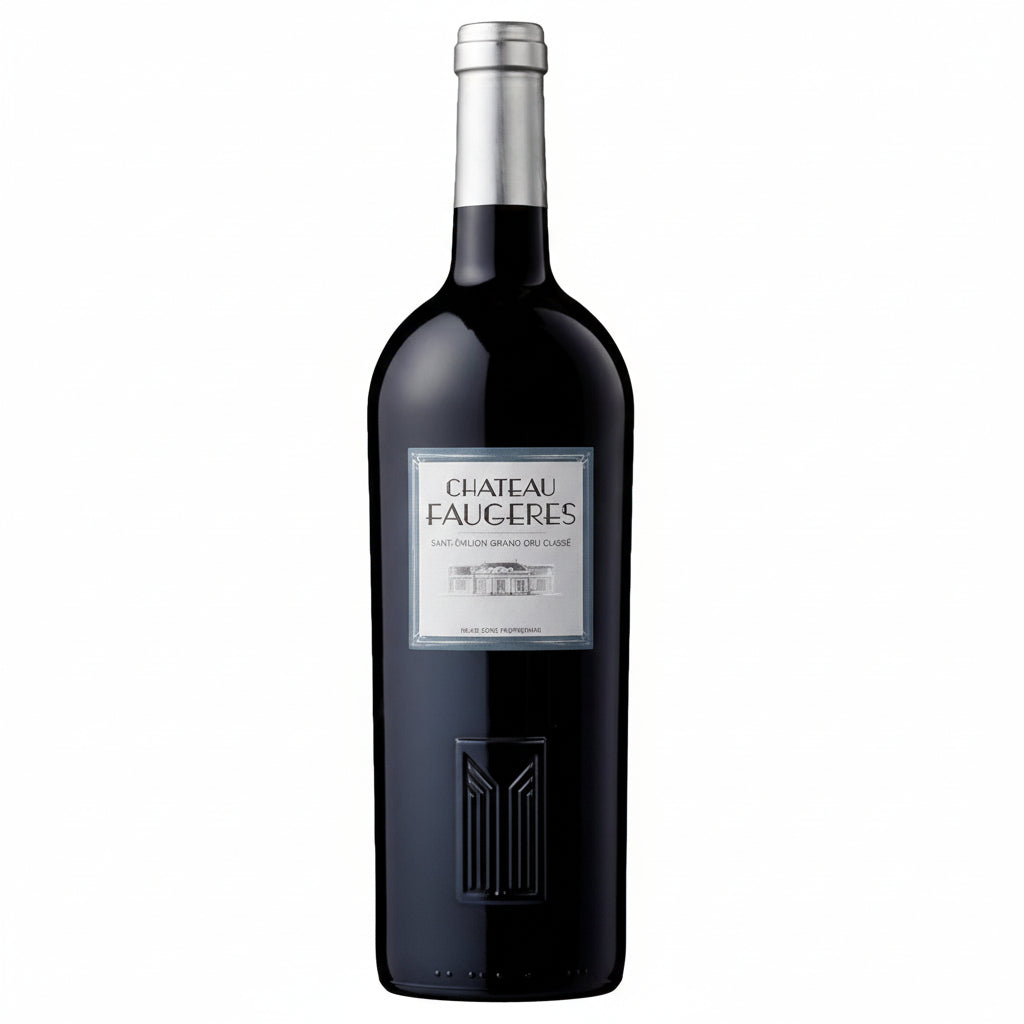 Bottle of Chateau Faugeres 2016 red wine in a 750mL bottle, with a dark label and elegant capsule.