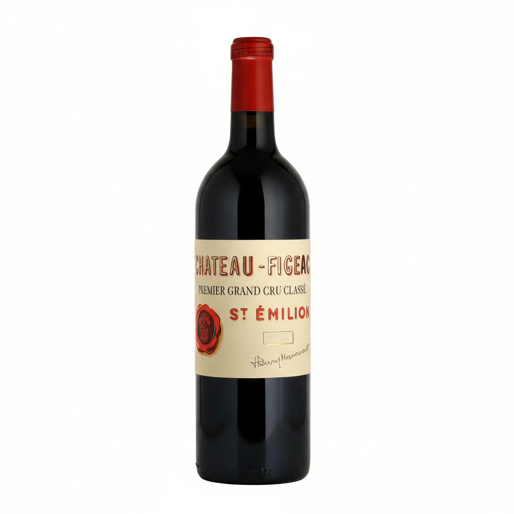 Bottle of Chateau Figeac 2016 red wine with a classic label, shown on a neutral background.
