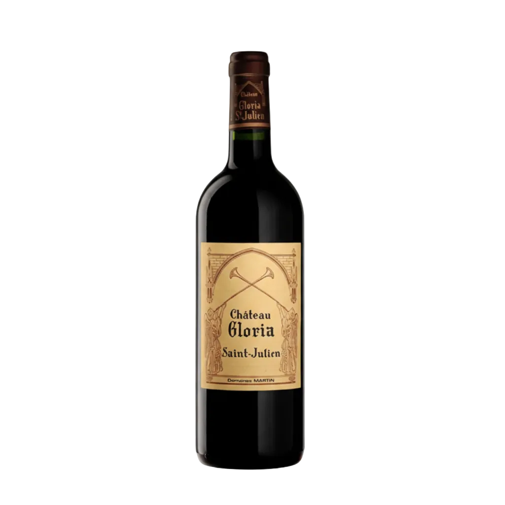 Bottle of Chateau Gloria 2016 red wine with elegant label, showcasing the Château branding and vintage year on the front.