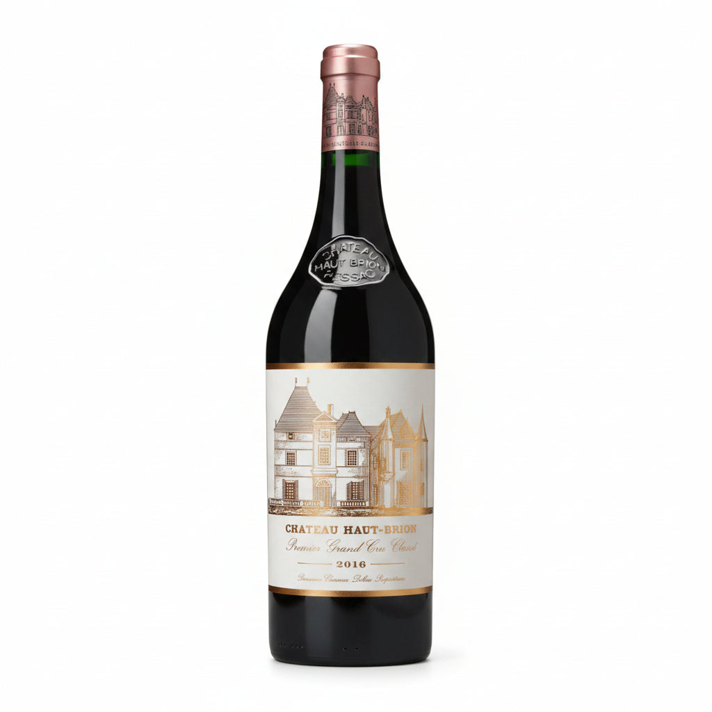 Bottle of Chateau Haut-Brion Rouge 2016 red wine with label visible, showcasing a Bordeaux wine from the Chateau brand.