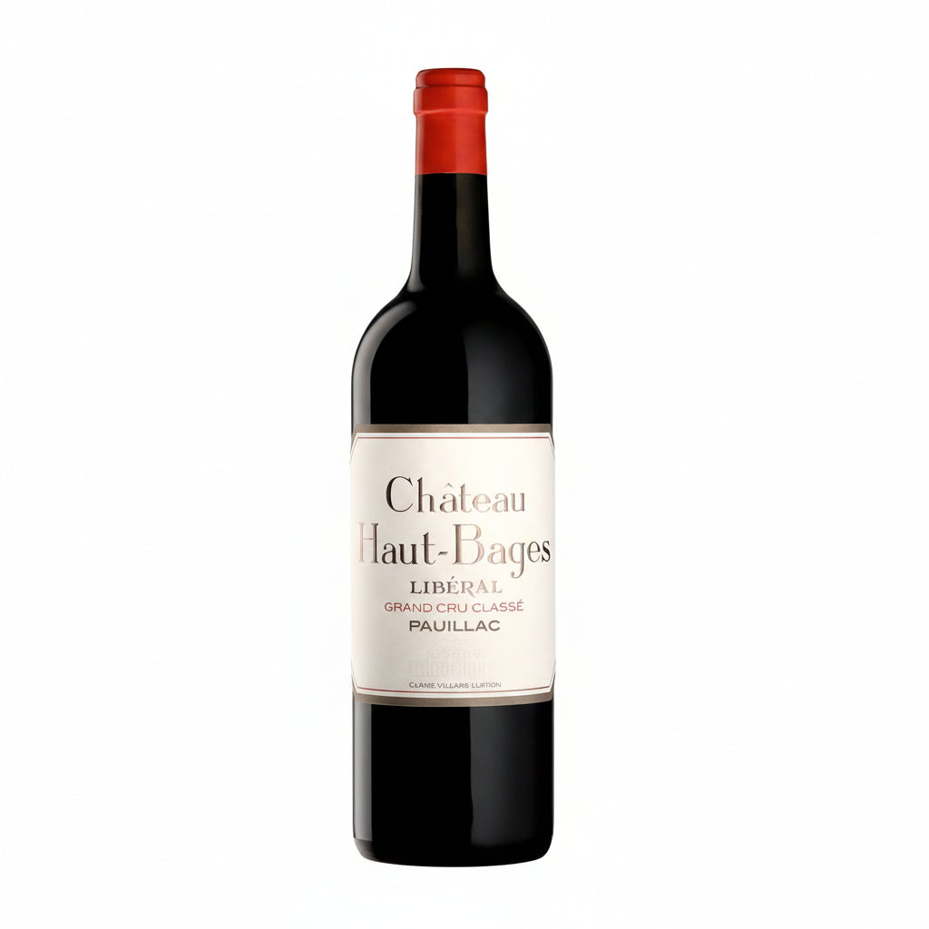 Bottle of Chateau Haut Bages Liberal 2016 red wine with a dark glass label, showcasing a Bordeaux vineyard wine from Chateau.
