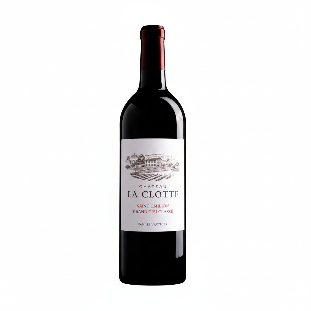 Bottle of Chateau La Clotte red wine with a classic label, set against a neutral background.