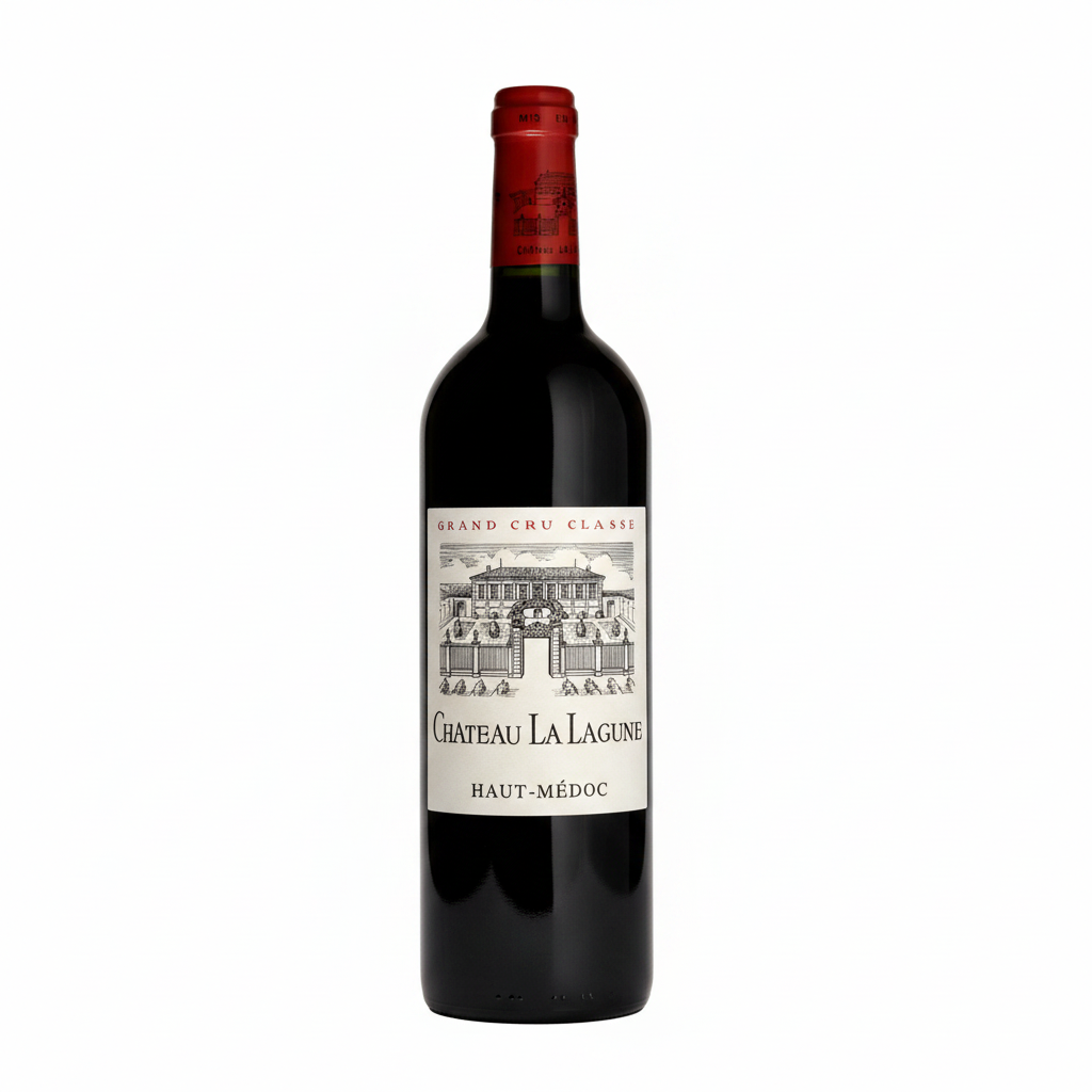 Bottle of Chateau La Lagune 2016 Bordeaux red wine in a glass, showcasing the deep red color and elegant label.