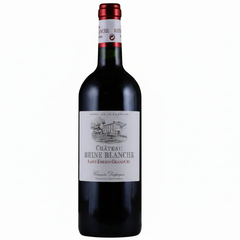 Bottle of Chateau La Reine Blanche Saint Emilion Grand Cru wine with a classic label and a dark glass bottle.