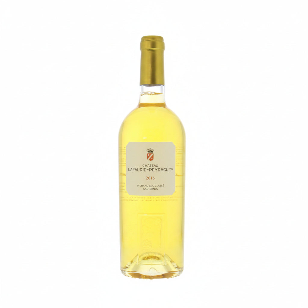 Bottle of Chateau Lafaurie Peyraguey 2016 white wine in a glass, showcasing the elegant label and golden hue of the wine.