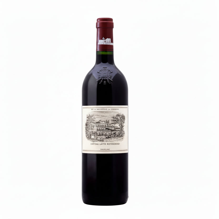Elegant bottle of Chateau Lafite Rothschild Bordeaux red wine with a classic label, displayed on a wooden surface.