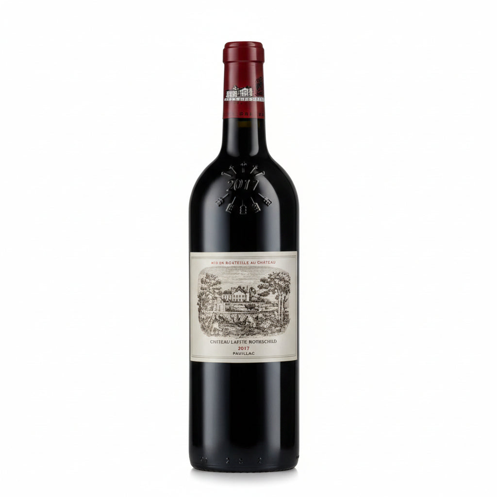 Bottle of Chateau Lafite Rothschild 2017 red wine with a classic label and dark glass bottle.