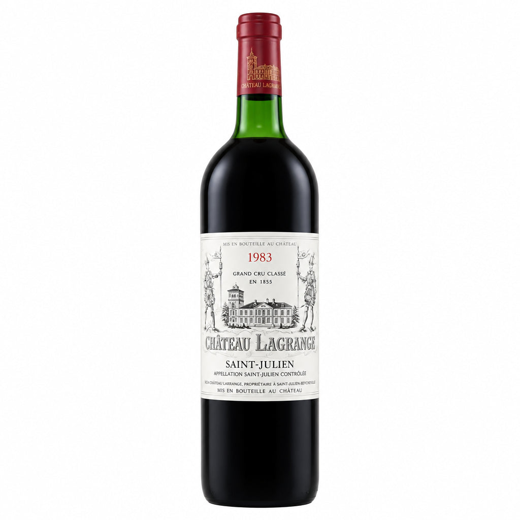 Bottle of Chateau Lagrange 1983 red wine with label visible, showcasing a classic Bordeaux wine from Chateau winery.
