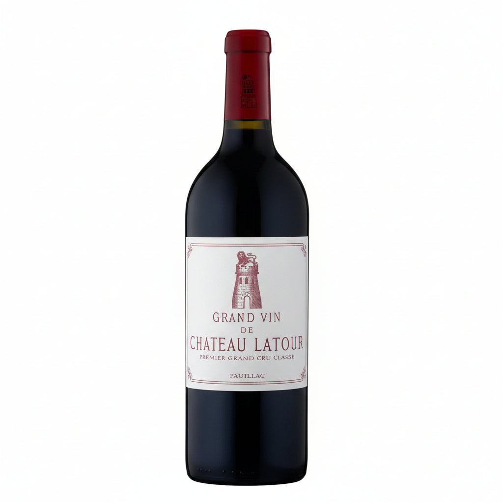 Bottle of Chateau Latour 2011 red wine with a dark label and a cork, displayed on a neutral background.