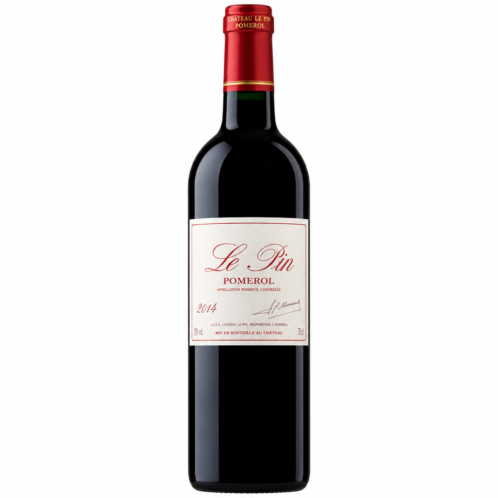 Bottle of Le Pin 2007 wine from Château Le Pin, featuring a dark glass wine bottle with a classic label and cork top.