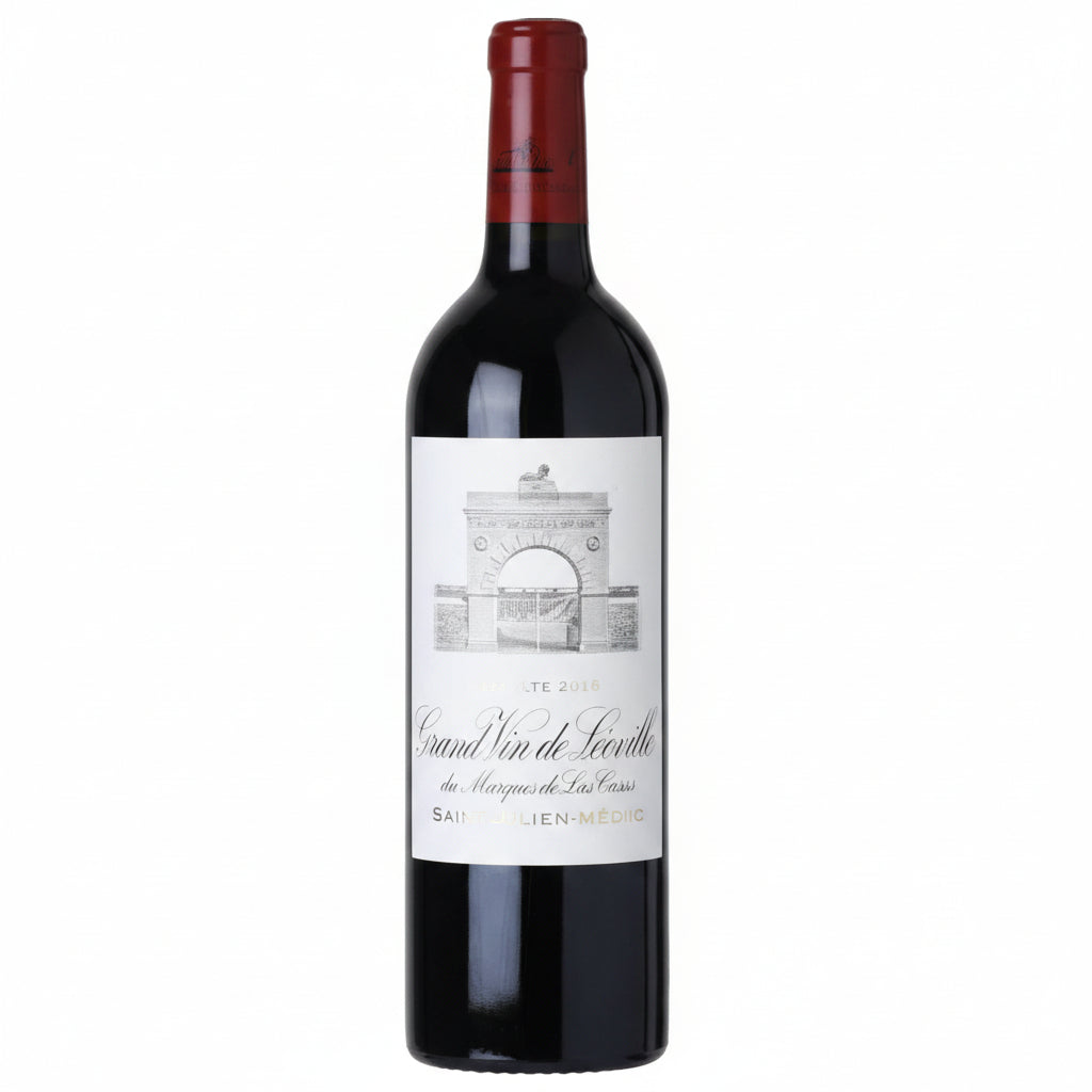 Bottle of Chateau Leoville Marquis Las Cases 2016 red wine with a dark label and elegant design.