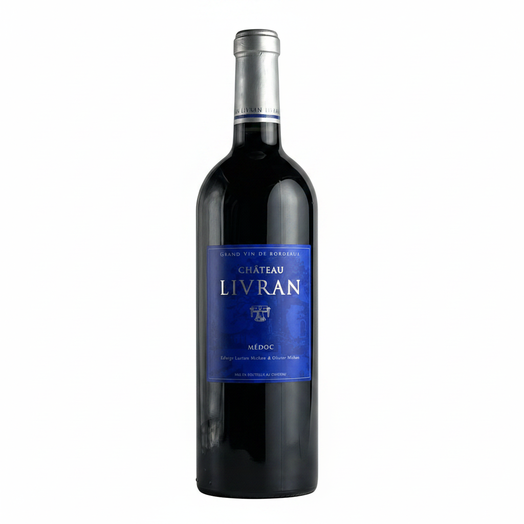 Chateau Livran wine bottle with label featuring elegant design, standing upright on a neutral background.