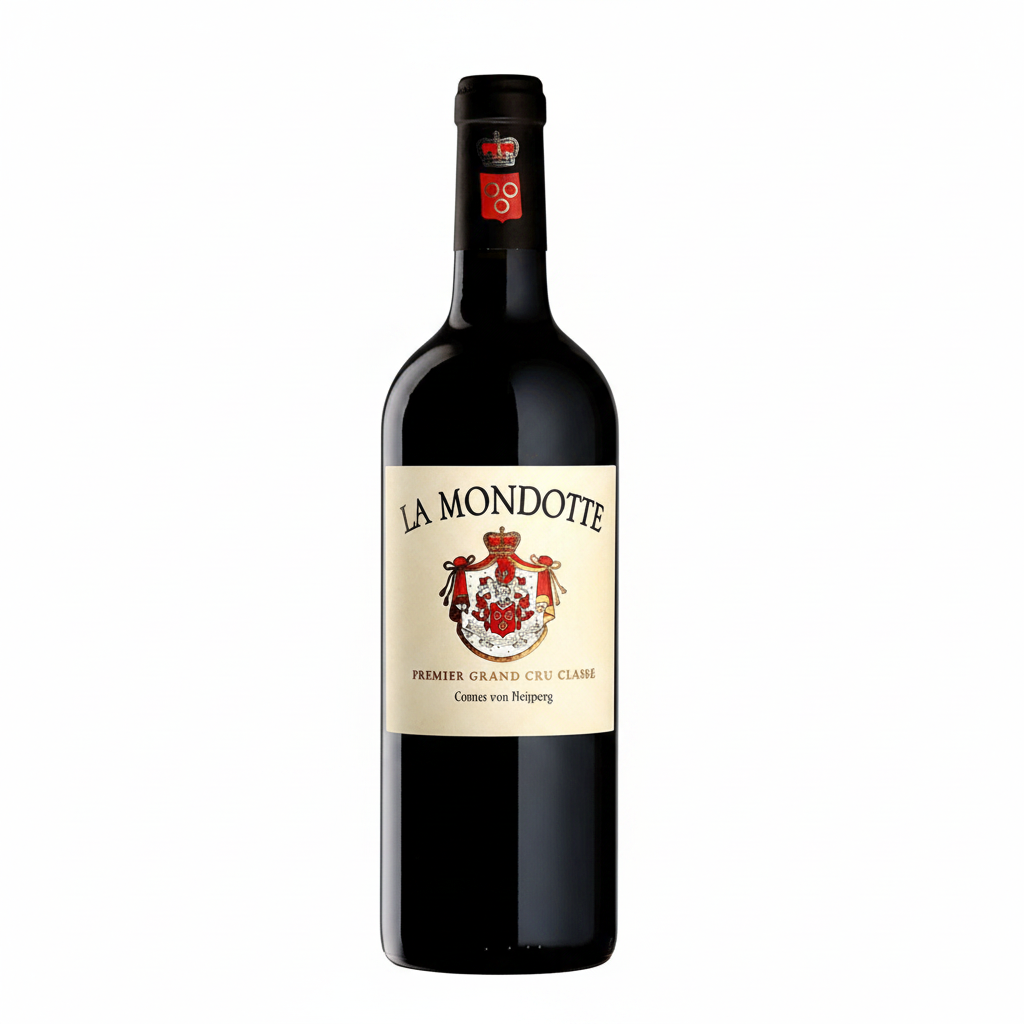 Bottle of Chateau Magrez Fombrauge 2016 red wine with label visible, placed on a wooden surface.
