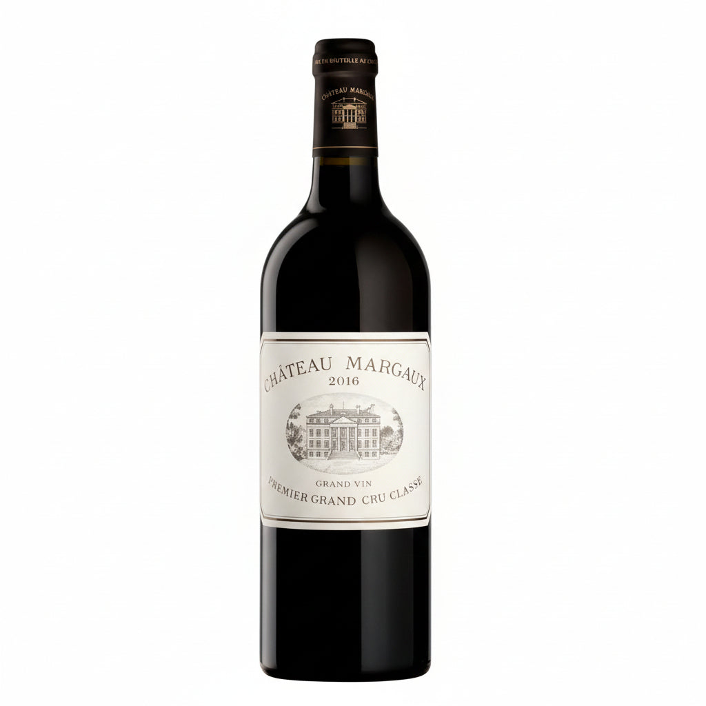 Bottle of Chateau Margaux 2016 red wine with a classic label and foil capsule, displayed on a neutral background.