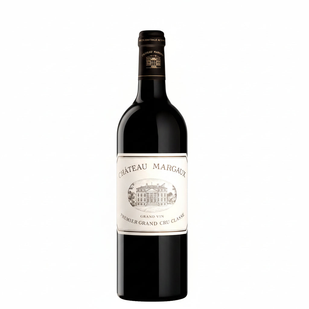 Bottle of Chateau Margaux 2017 red wine with a dark label and elegant bottle shape, showcasing a premium Bordeaux wine.