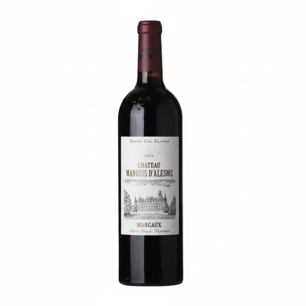 Bottle of Chateau Marquis D'Alesme 2016 red wine with a dark label and cork, showcased against a neutral background.